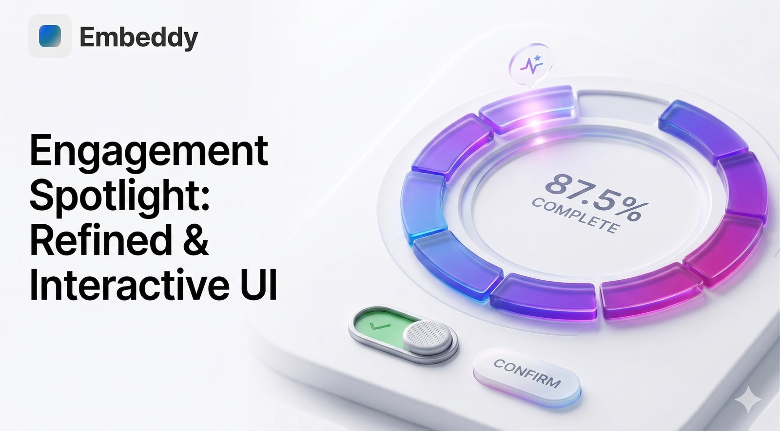 Close-up of a polished interactive widget UI with a progress dial and confirm control — the kind of component Embeddy lets you ship